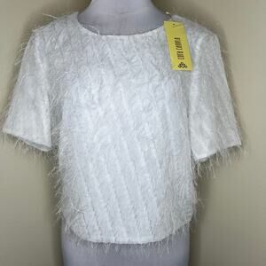 Cora Canela Top Large White Eyelash Shaggy Going Out Chic Feminine Blouse Work